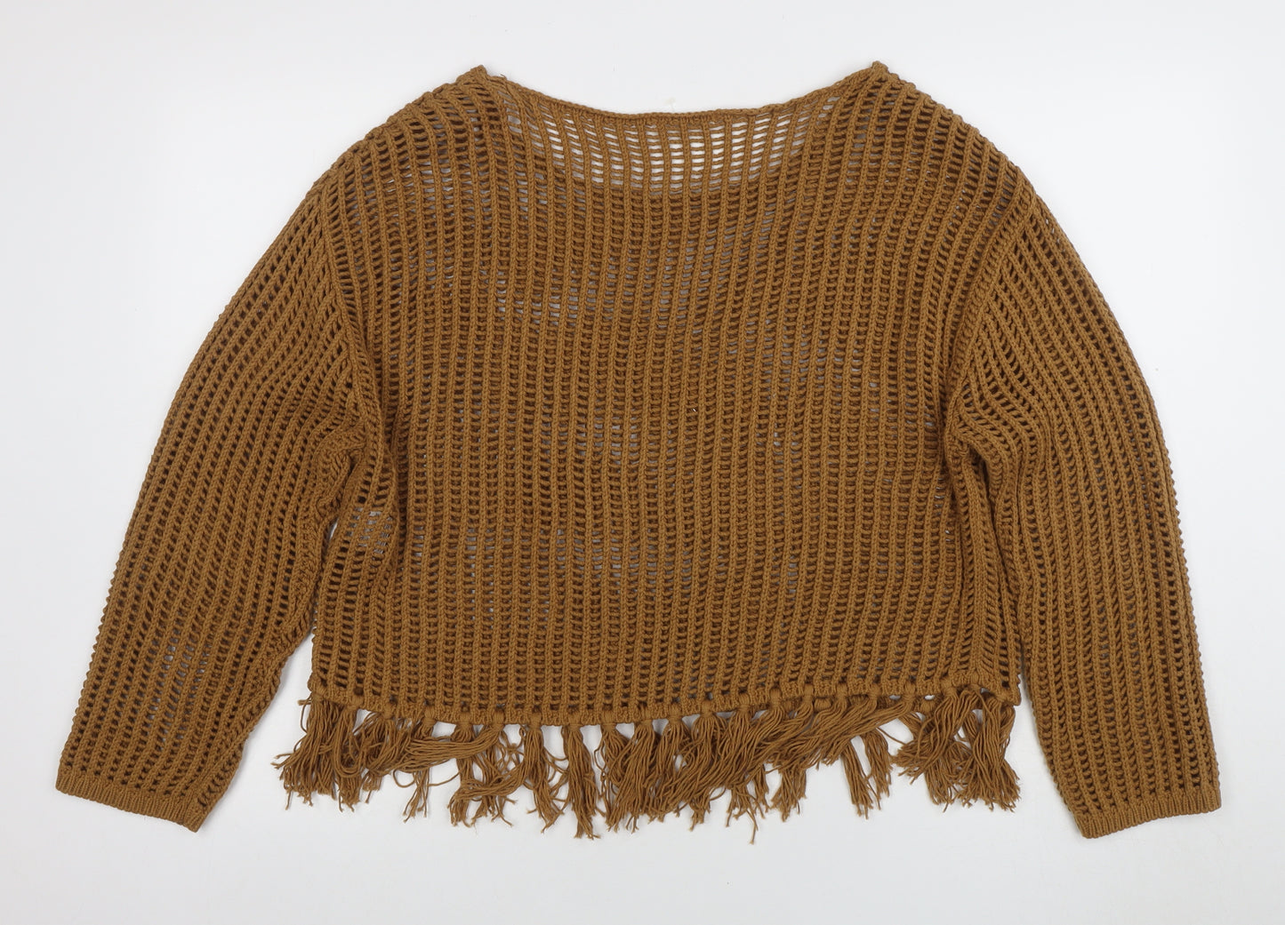 Encuentro Women Brown XL Open-Knit Fringe Pullover Jumper