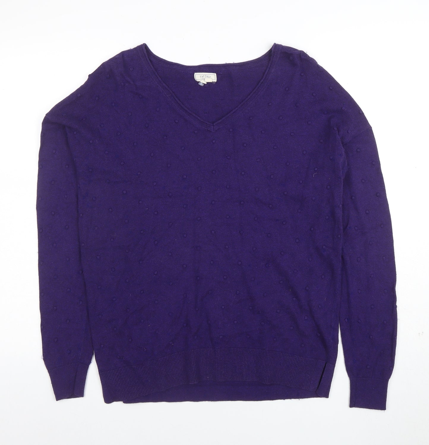 Fat Face Women's Purple V-Neck Cotton Wool Knit Jumper Size 10