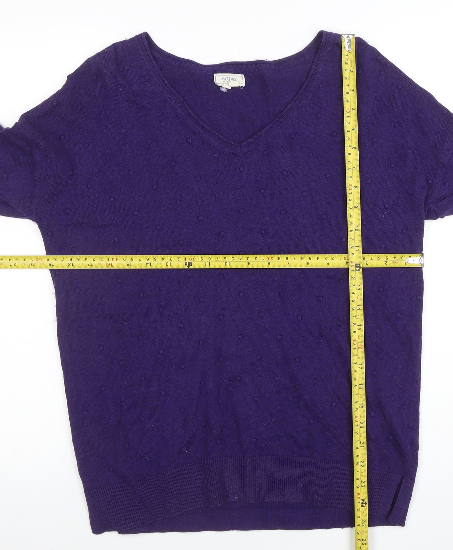 Fat Face Women's Purple V-Neck Cotton Wool Knit Jumper Size 10