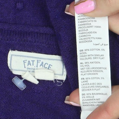 Fat Face Women's Purple V-Neck Cotton Wool Knit Jumper Size 10