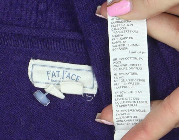 Fat Face Women's Purple V-Neck Cotton Wool Knit Jumper Size 10