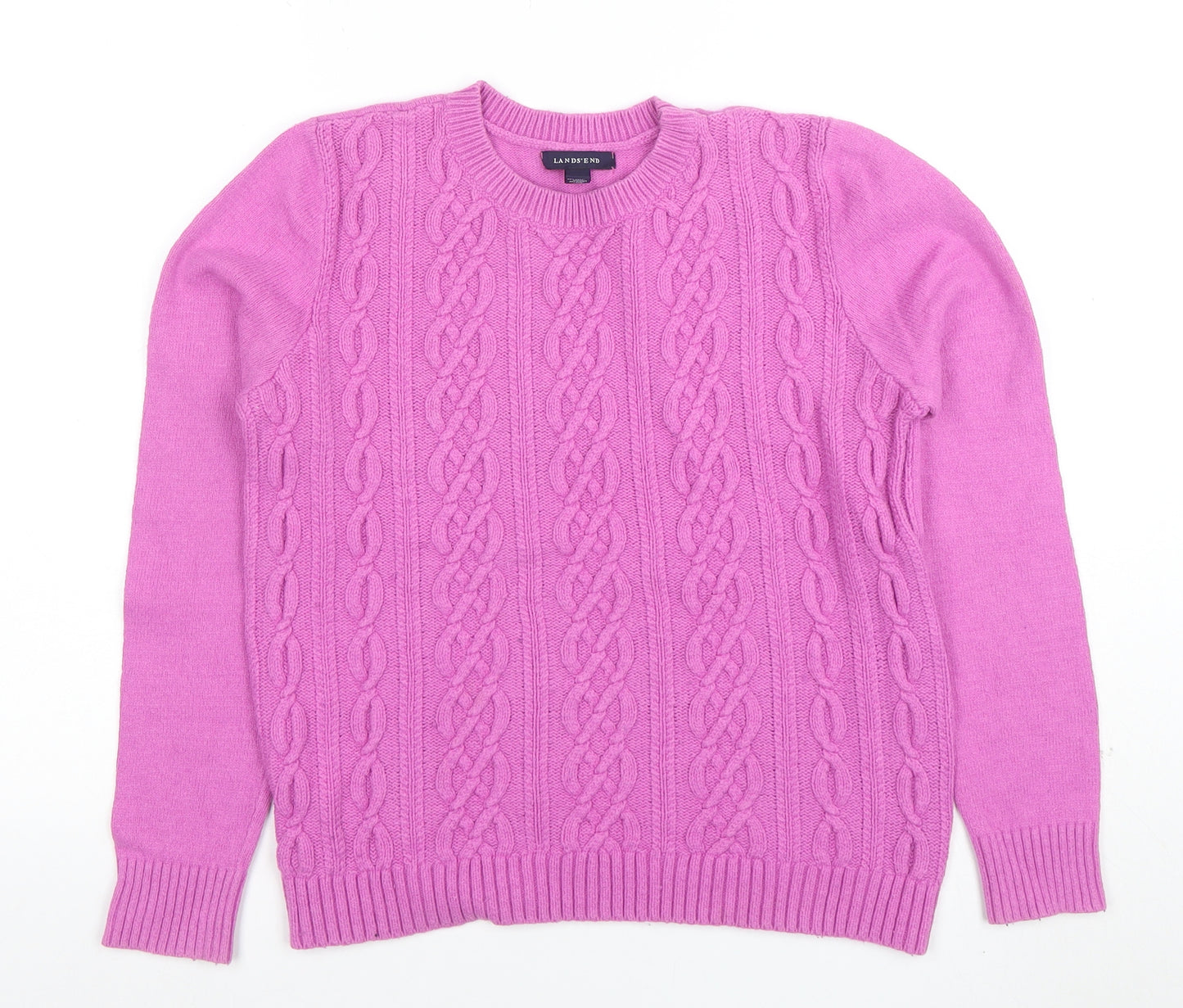 Lands’ End Women’s Pink Cable-Knit Wool Blend Crew Neck Jumper Size M