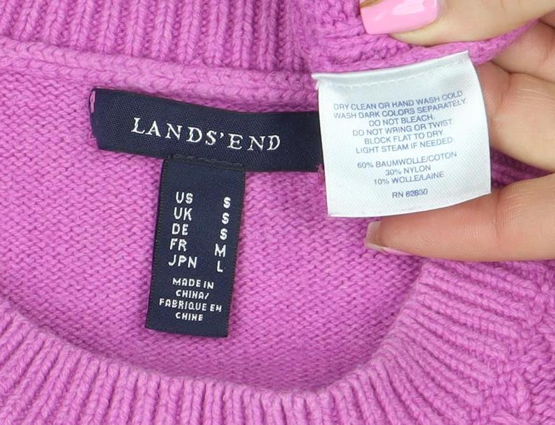 Lands’ End Women’s Pink Cable-Knit Wool Blend Crew Neck Jumper Size M