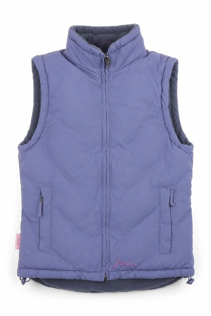 Front view of Joules Women's Blue Puffer Waistcoat, size 8, Lightweight Zip