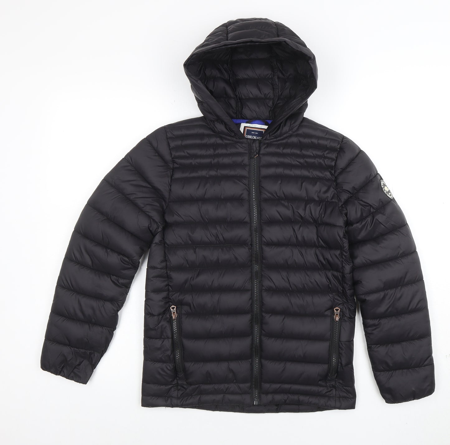 SoulCal & Co Boys Black Hooded Puffer Jacket 11-12 Years Quilted Full Zip