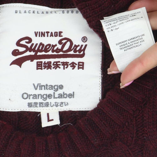 Superdry Men’s Red Cable-Knit Crew Neck Cotton Jumper Size L