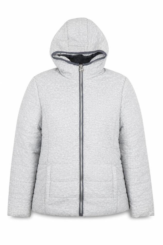 Front view of New Balance Women's Grey Hooded Puffer Jacket, size M, Polyester Lined