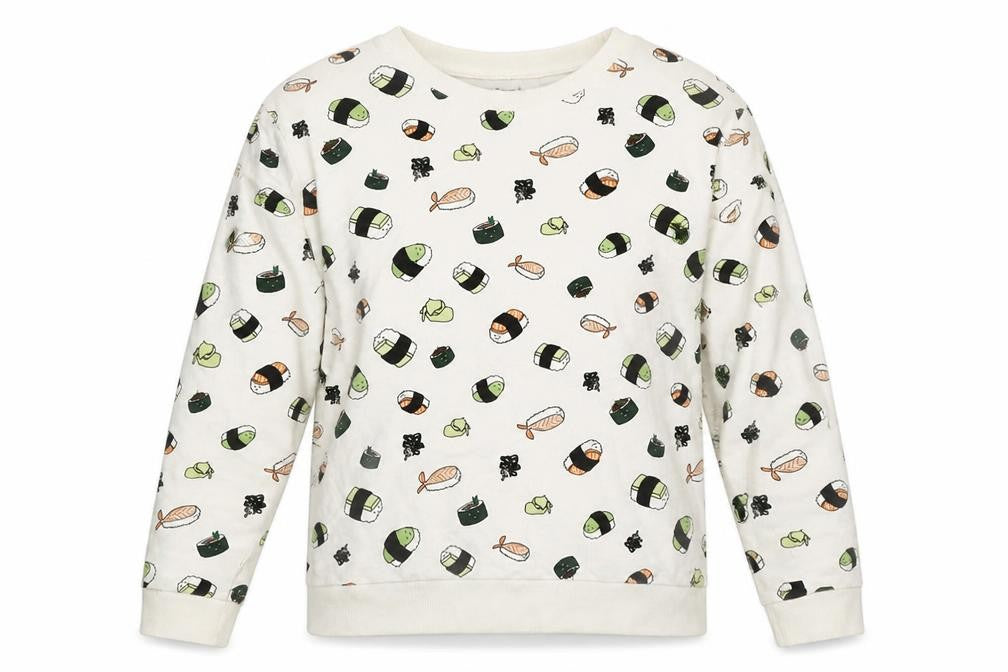 Front view of H&M Divided women’s white sushi print pullover sweatshirt l