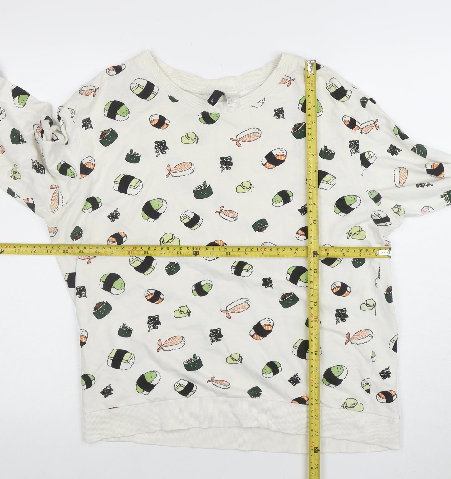 H&M Divided Womens White Sushi Print Pullover Sweatshirt L