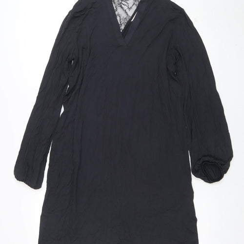 Marks and Spencer Women Black Shift Dress Size 12 Lace V-Neck Long Sleeve