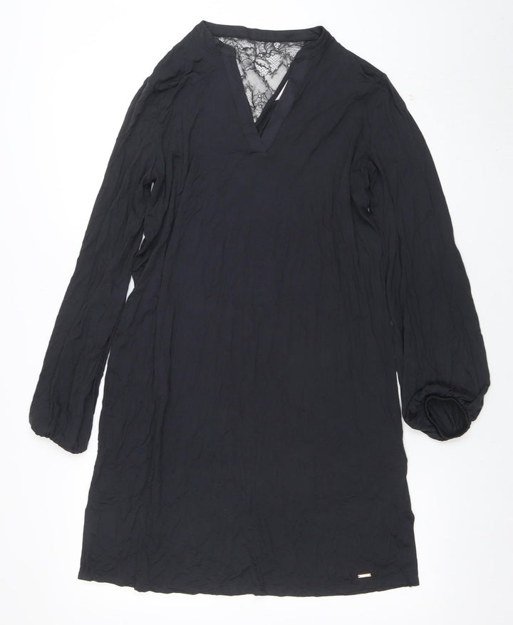 Marks and Spencer Women Black Shift Dress Size 12 Lace V-Neck Long Sleeve