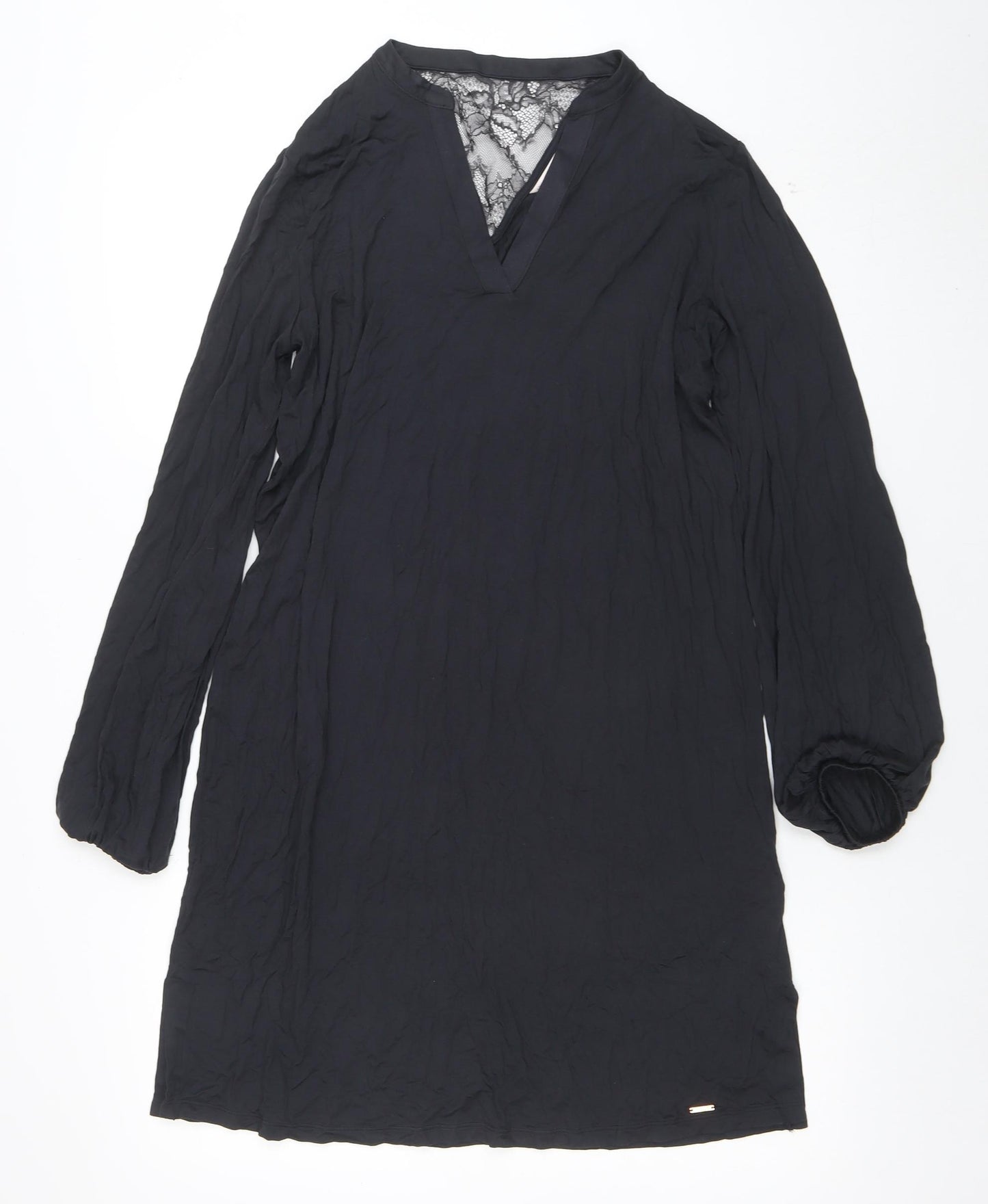 Marks and Spencer Women Black Shift Dress Size 12 Lace V-Neck Long Sleeve