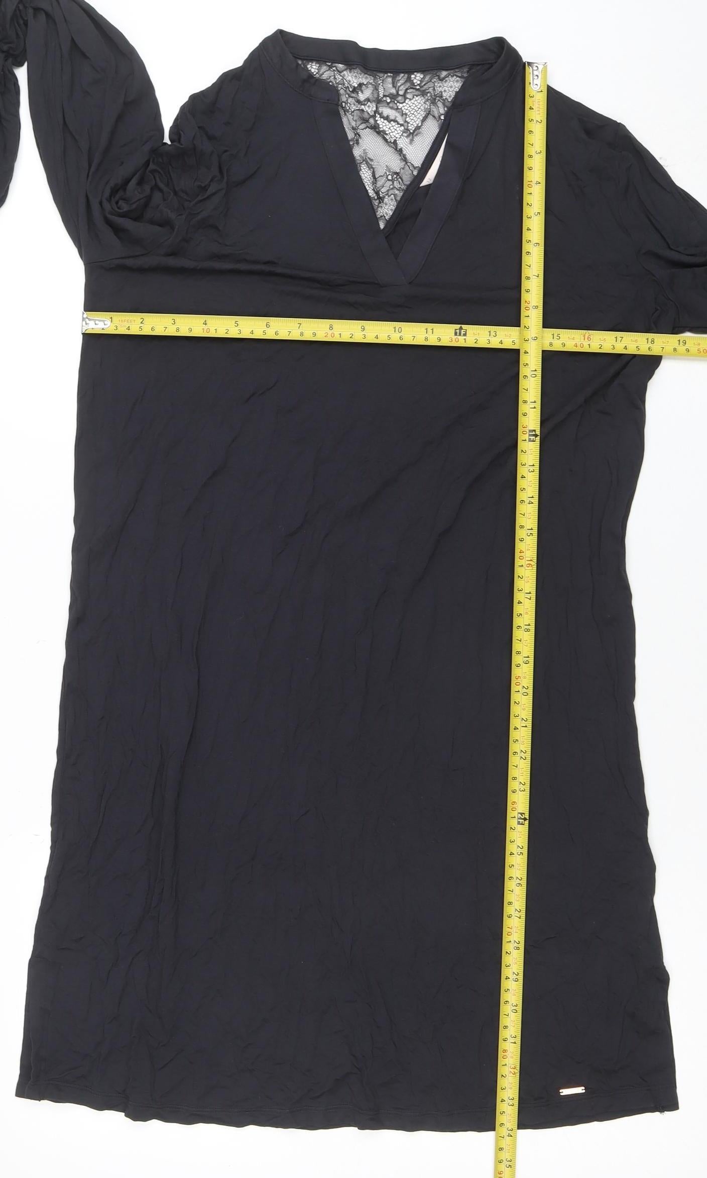 Marks and Spencer Women Black Shift Dress Size 12 Lace V-Neck Long Sleeve