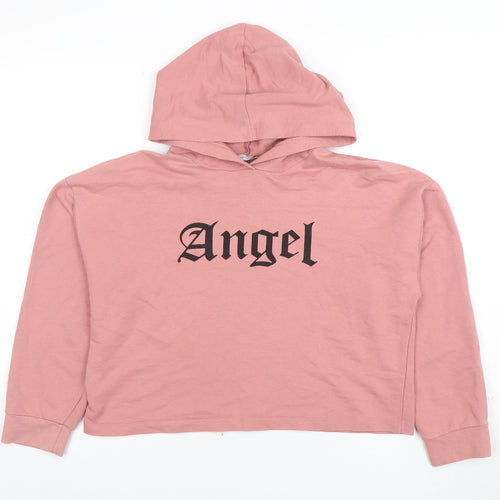 LDR Woman Pink Hooded Pullover Hoodie Angel Print L XL Cotton