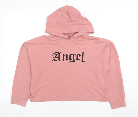 LDR Woman Pink Hooded Pullover Hoodie Angel Print L XL Cotton