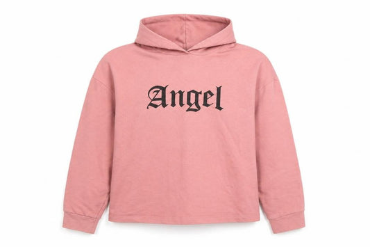 Front view of LDR Woman Pink Hooded Pullover Hoodie Angel Print L XL Cotton