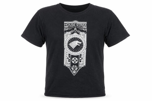 Front view of Gildan Men's Black House Stark Game of Thrones Cotton T-Shirt, size L