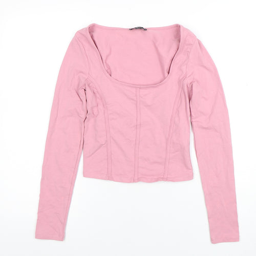 New Look Women Pink Cropped Long Sleeve Scoop Neck Top Size 6