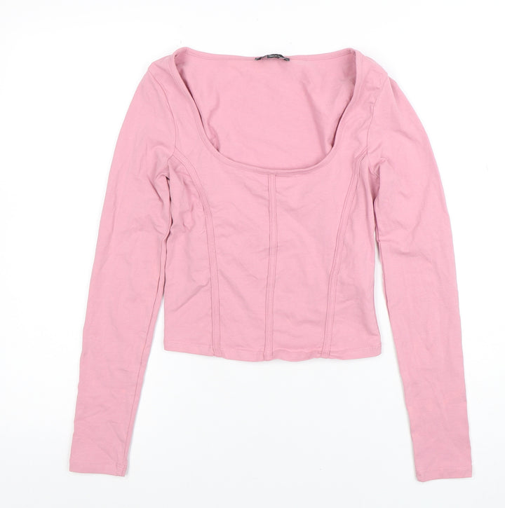 New Look Women Pink Cropped Long Sleeve Scoop Neck Top Size 6