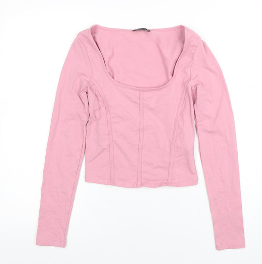 New Look Women Pink Cropped Long Sleeve Scoop Neck Top Size 6