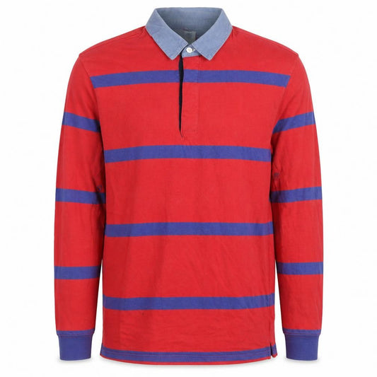 Front view of Urban Outfitters Men's Red Striped Long Sleeve Polo Shirt M