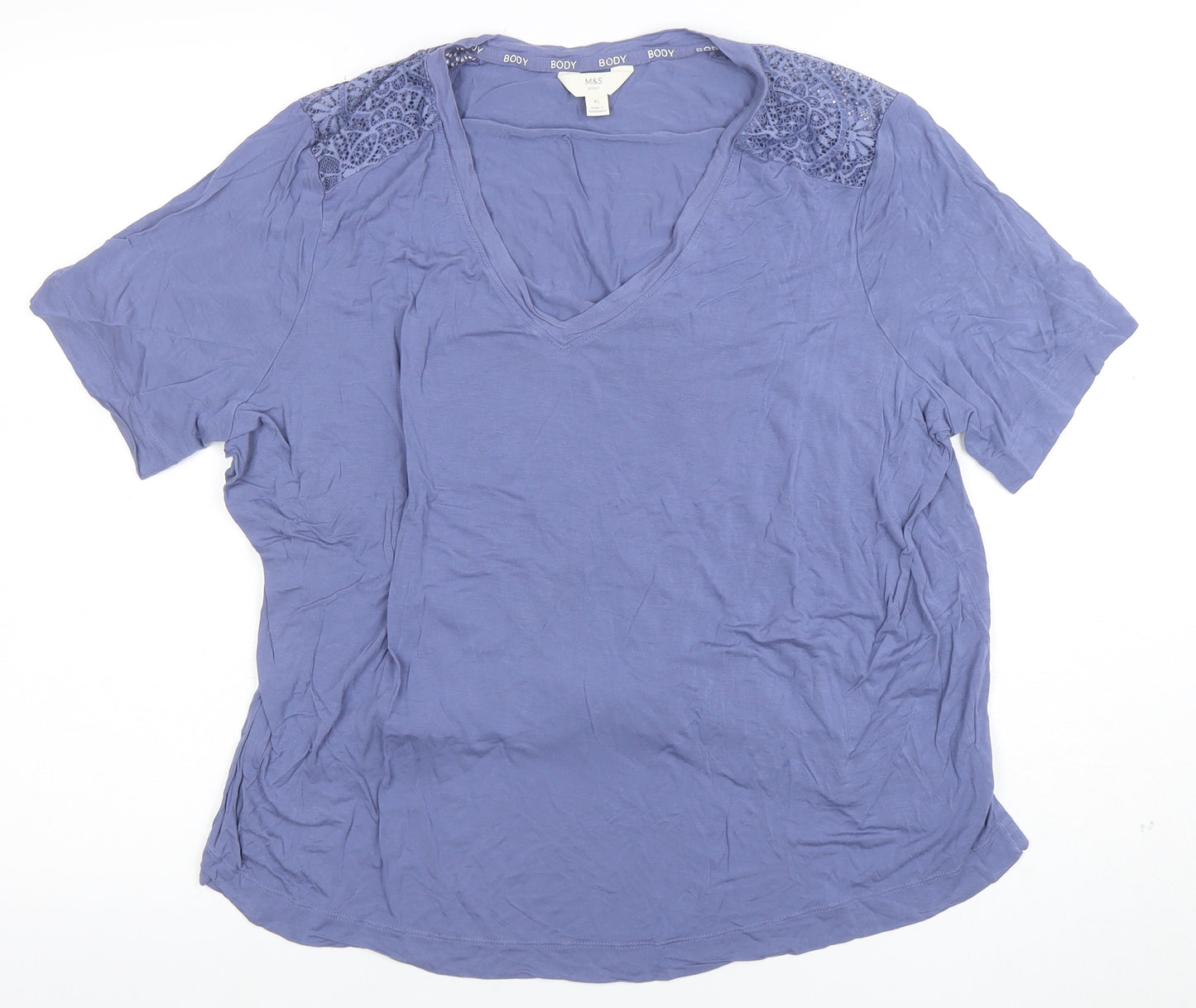 Marks and Spencer Women's Blue XL V-Neck Lace Shoulder T-Shirt
