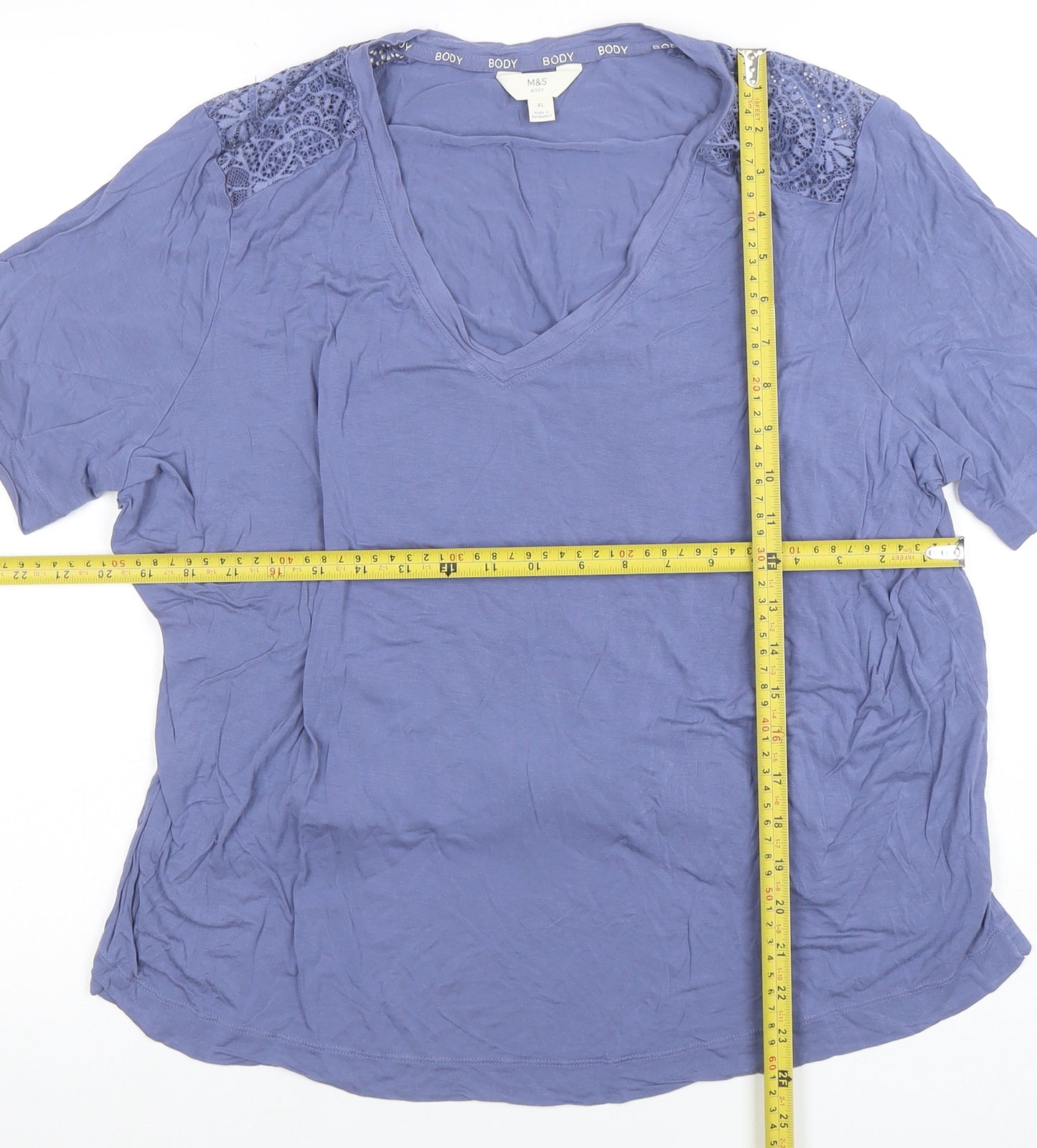 Marks and Spencer Women's Blue XL V-Neck Lace Shoulder T-Shirt