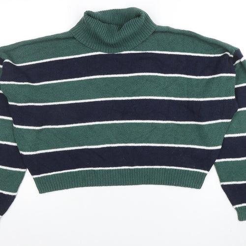 Hollister Women’s Green Striped Roll Neck Knit Jumper XL
