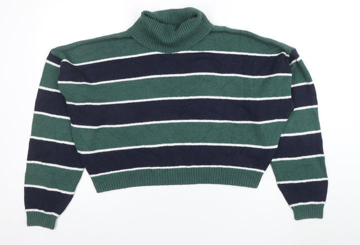 Hollister Women’s Green Striped Roll Neck Knit Jumper XL
