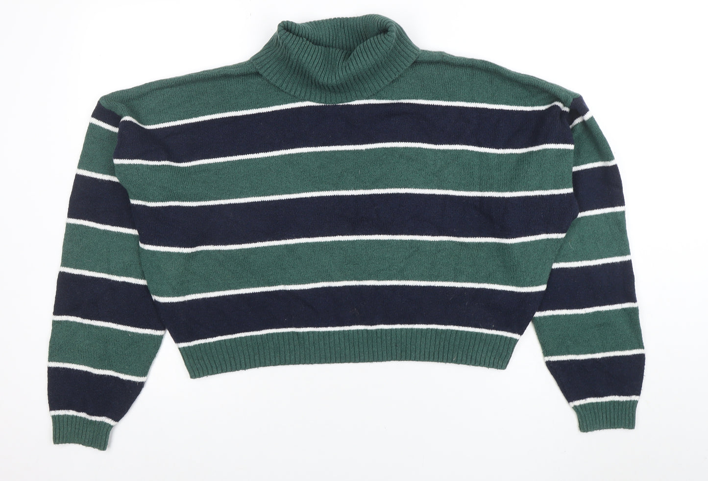 Hollister Women’s Green Striped Roll Neck Knit Jumper XL