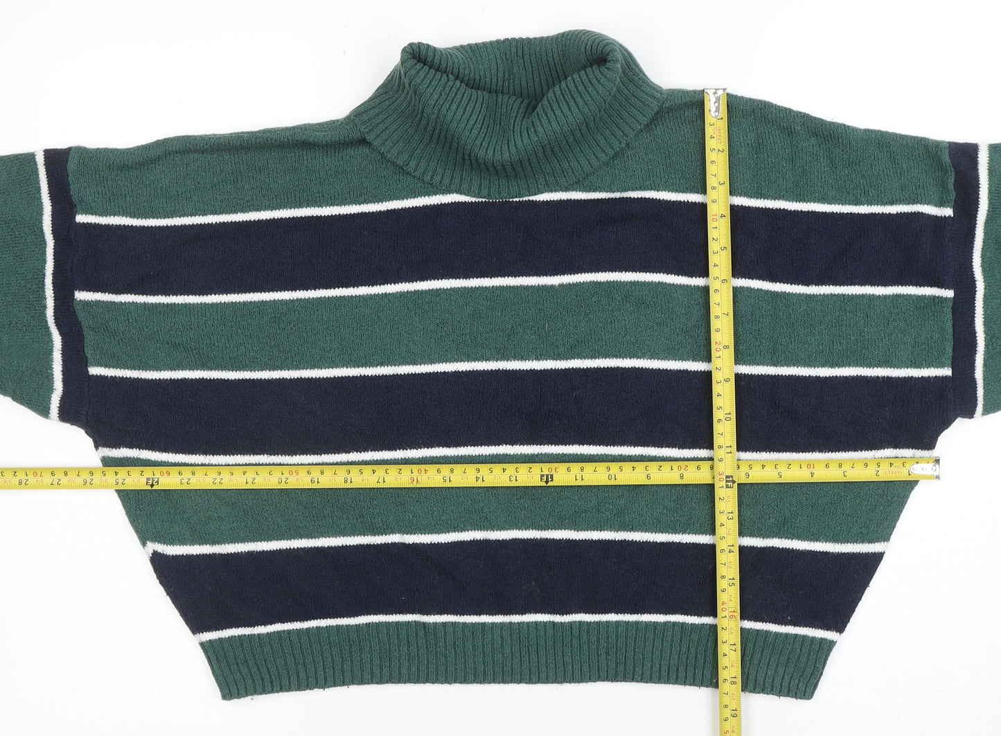 Hollister Women’s Green Striped Roll Neck Knit Jumper XL
