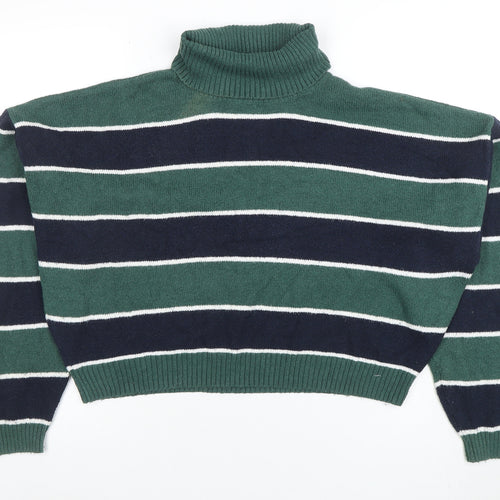 Hollister Women’s Green Striped Roll Neck Knit Jumper XL