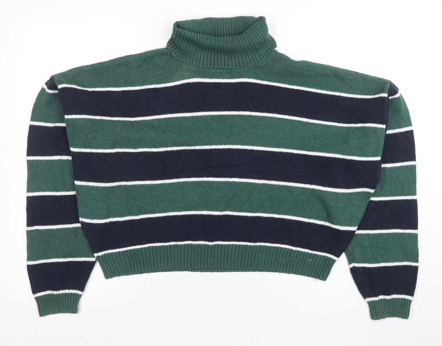 Hollister Women’s Green Striped Roll Neck Knit Jumper XL