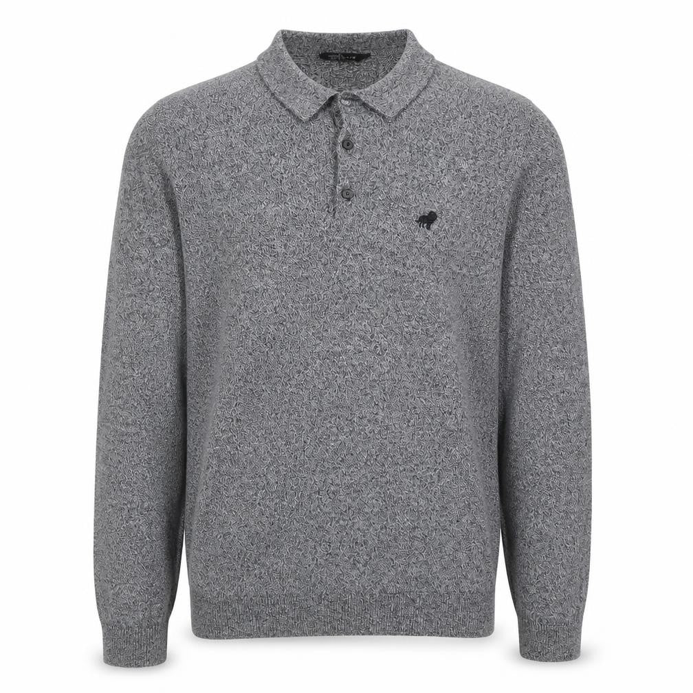 Front view of Peacocks men’s grey long sleeve knit polo shirt l
