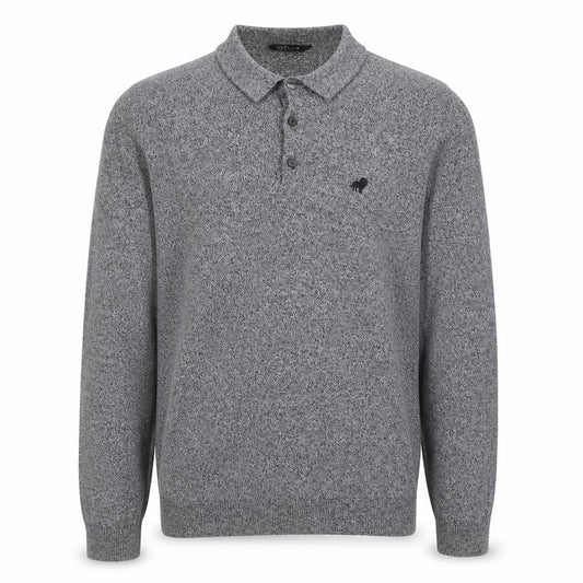 Front view of Peacocks men’s grey long sleeve knit polo shirt l