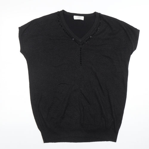 Wallis Petites Black Beaded V-Neck Tunic Knit Top Size M