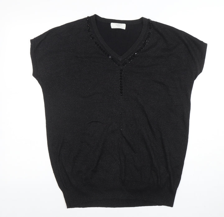 Wallis Petites Black Beaded V-Neck Tunic Knit Top Size M