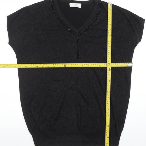 Wallis Petites Black Beaded V-Neck Tunic Knit Top Size M