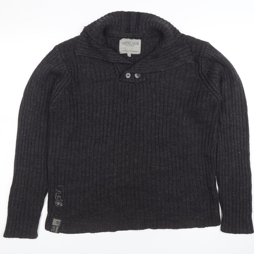 Americana Raw Men's Grey Wool Blend High Neck Pullover Jumper M