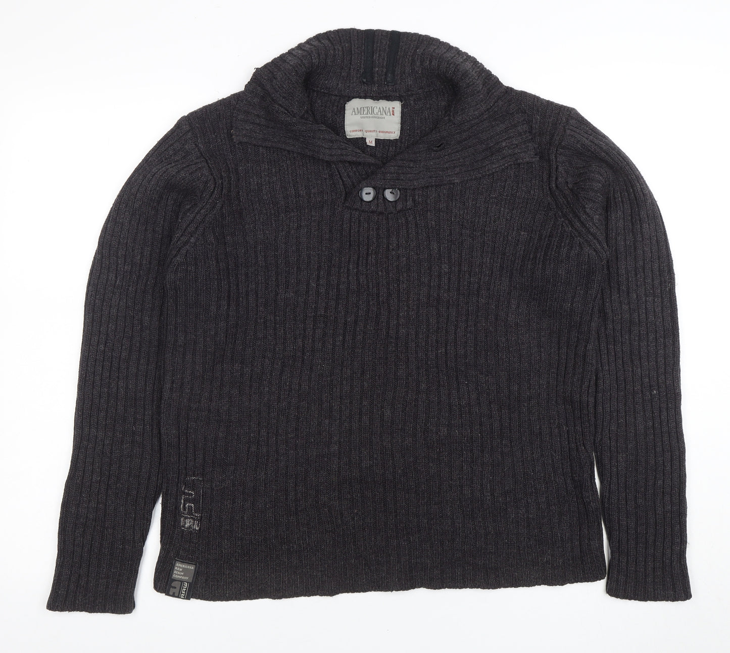 Americana Raw Men's Grey Wool Blend High Neck Pullover Jumper M