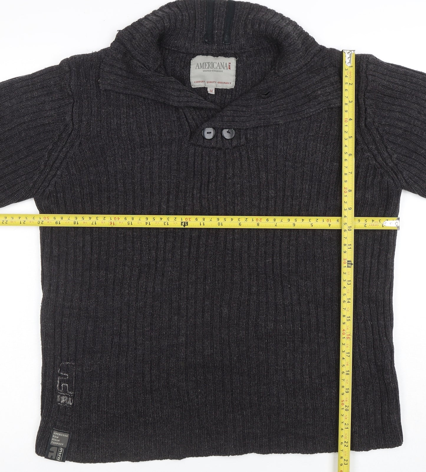 Americana Raw Men's Grey Wool Blend High Neck Pullover Jumper M