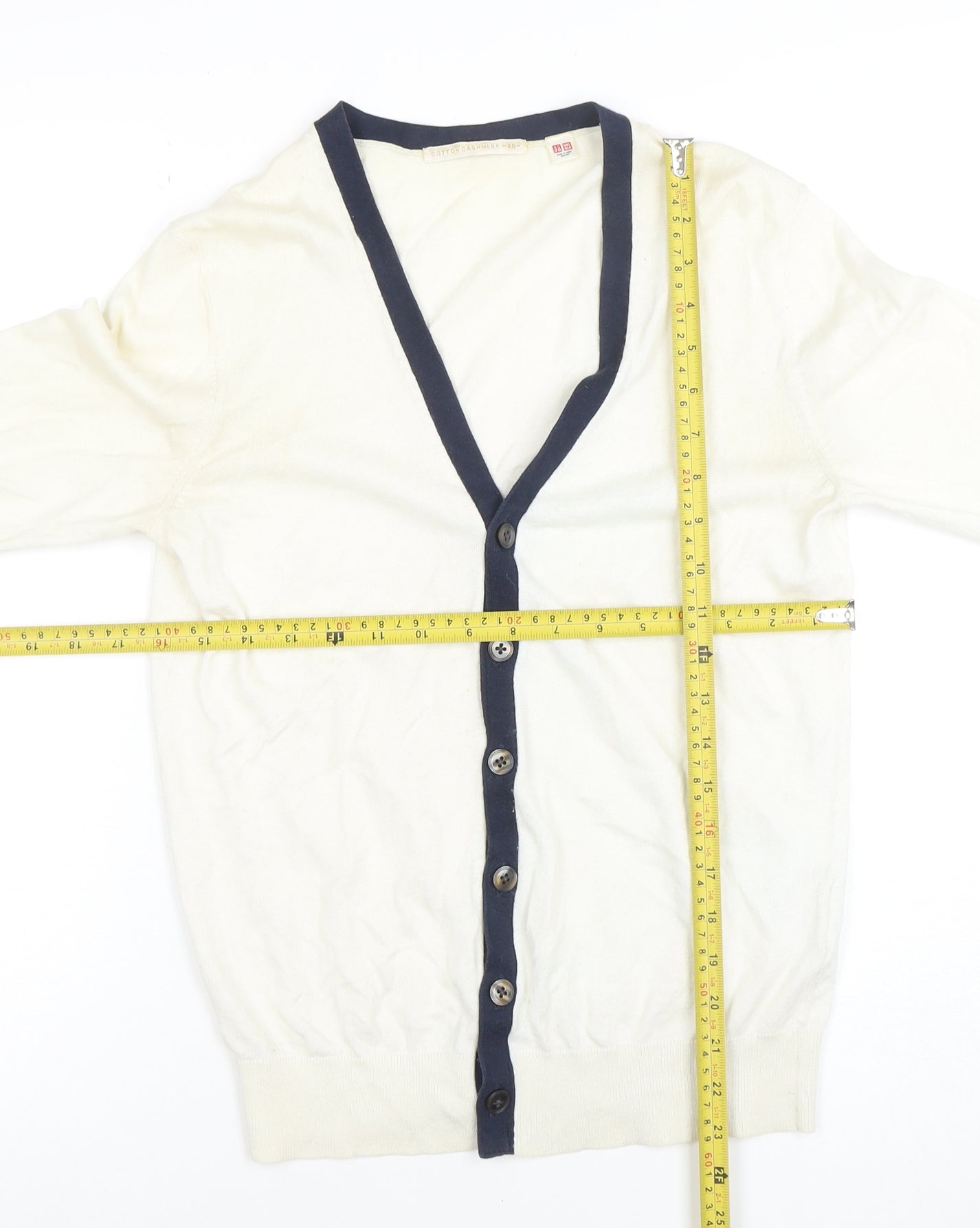 Uniqlo Women Ivory Cotton Cashmere Cardigan XS V-Neck Classic Style