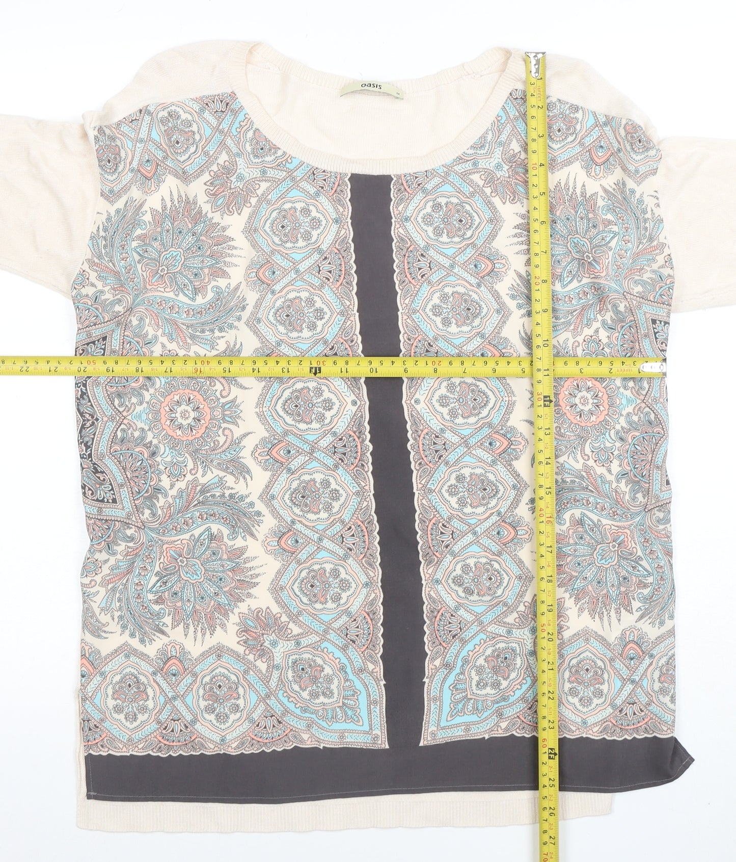 Oasis Womens Beige Paisley 3/4 Sleeve Tunic Blouse Size M