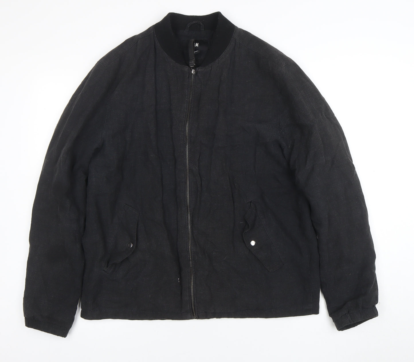 H&M Men's Black Linen Bomber Jacket M Casual Full Zip