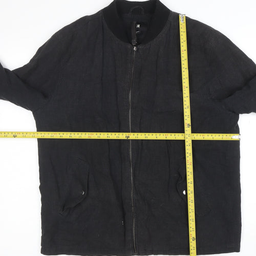 H&M Men's Black Linen Bomber Jacket M Casual Full Zip
