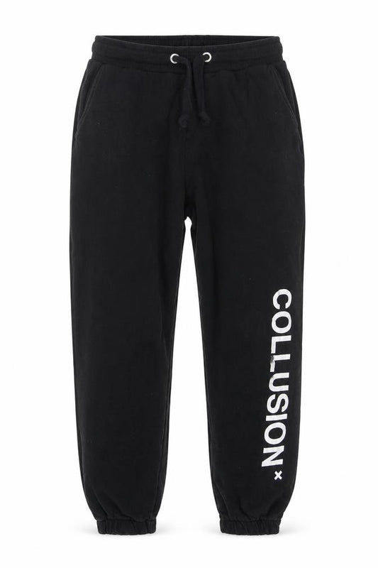 Front view of Collusion Men's Black Jogger Sweatpants, size S, Relaxed Fit Fleece