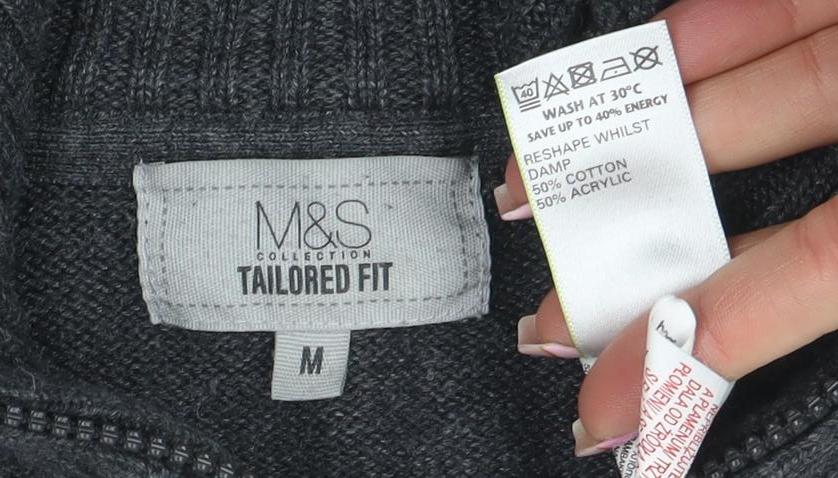 Marks and Spencer Men's Grey Full Zip High Neck Jumper M