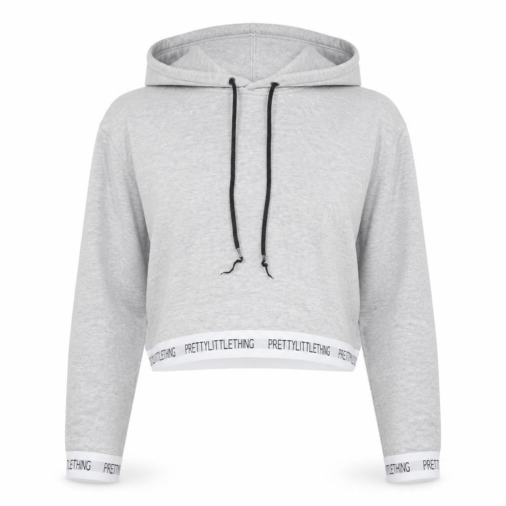 Front view of PRETTYLITTLETHING women’s grey cropped pullover hoodie small