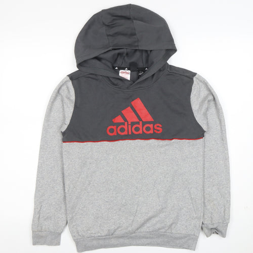 Adidas Boys Grey & Charcoal Pullover Hoodie 11-12 Years Logo Print