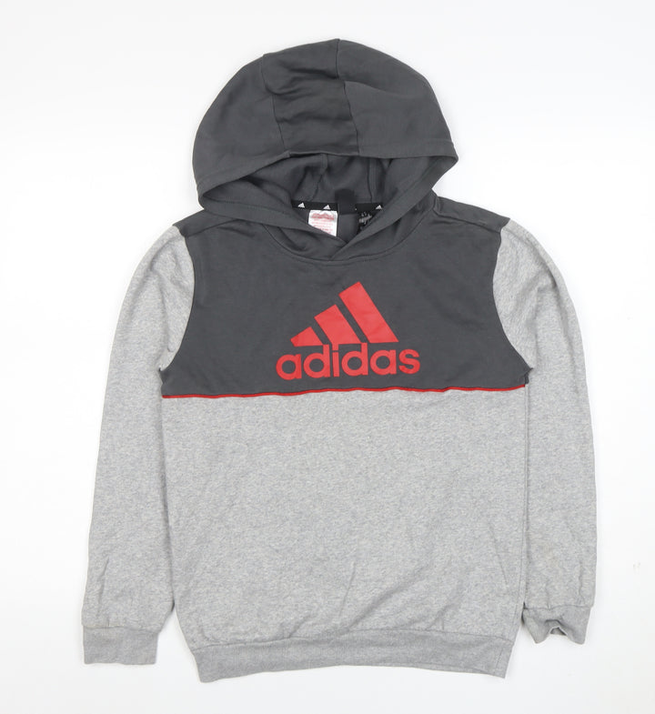 Adidas Boys Grey & Charcoal Pullover Hoodie 11-12 Years Logo Print